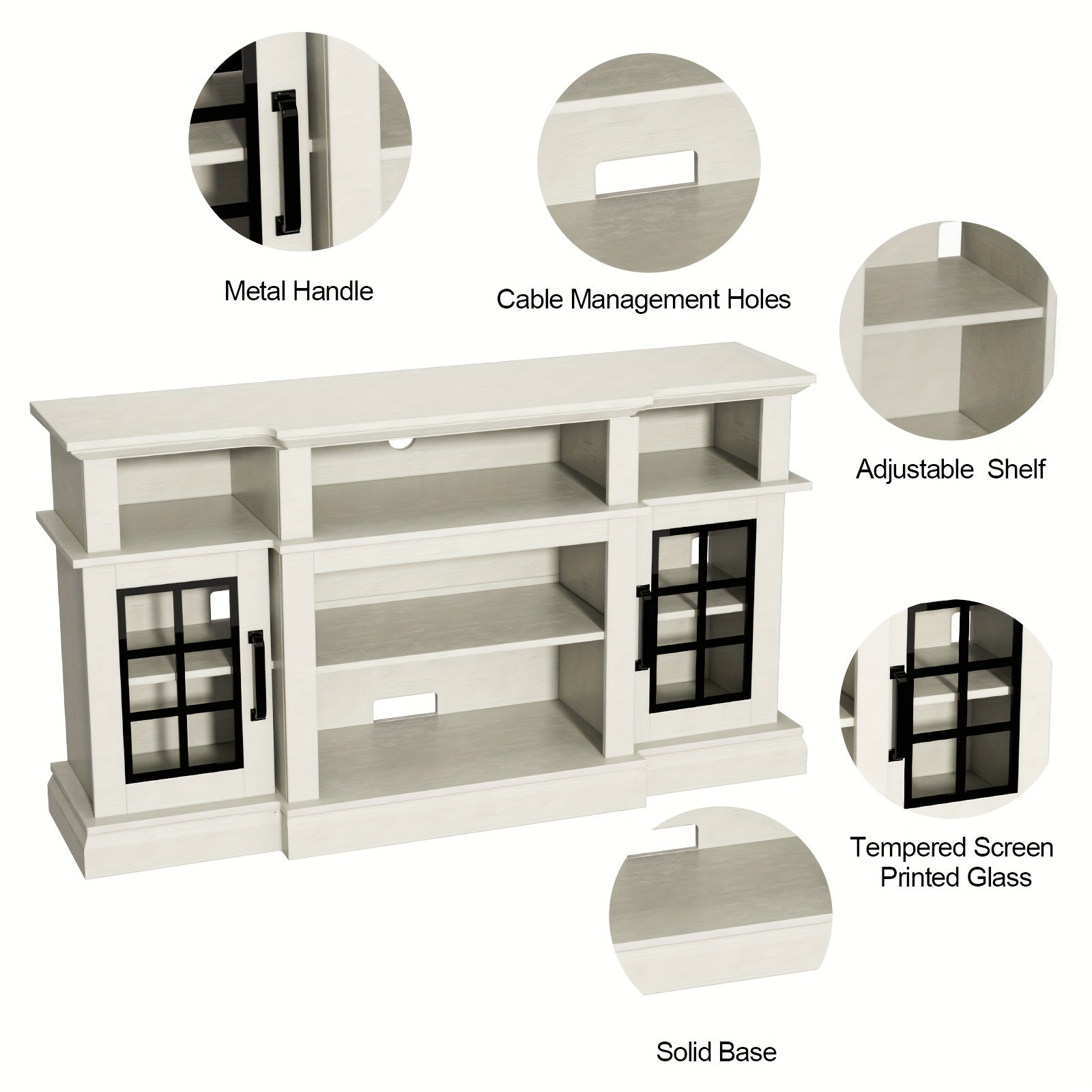 Antique White TV Stand for 65 Inch TV, Modern TV Stand with Glass Door, Farmhouse Entertainment Center for Bedroom, Tall Media Console Table with Classic Breakfront Design