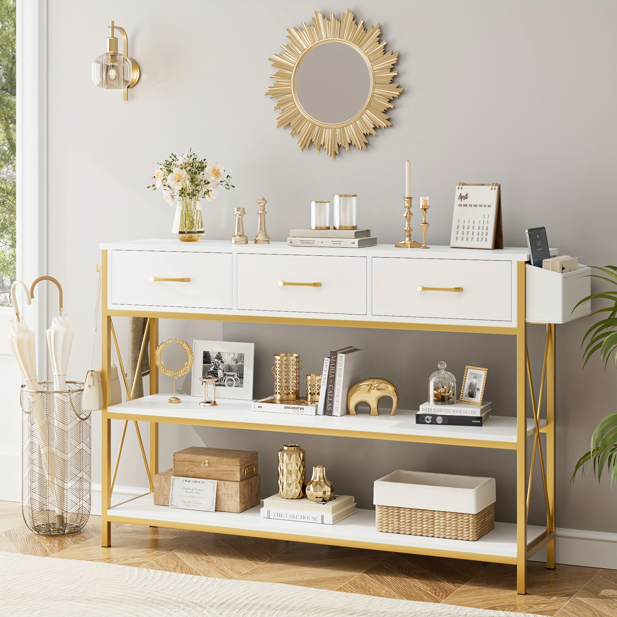 Industrial Console Table With 3 Drawers, Vintage Hallway Foyer Table With Storage Shelves, Narrow Long Sofa Entryway Table For Living Room