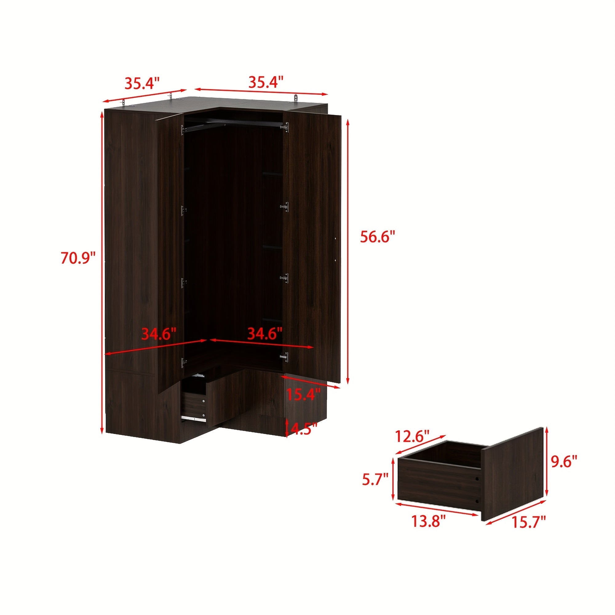 Modern Corner Wardrobe Armoire Closet with 2 Drawers And 2 Hanging Rods, Storage Cabinet for Bedroom, Maximize Your Space with The Versatile Two-Doors, Two-Drawers Corner Wardrobe, Deep Brown