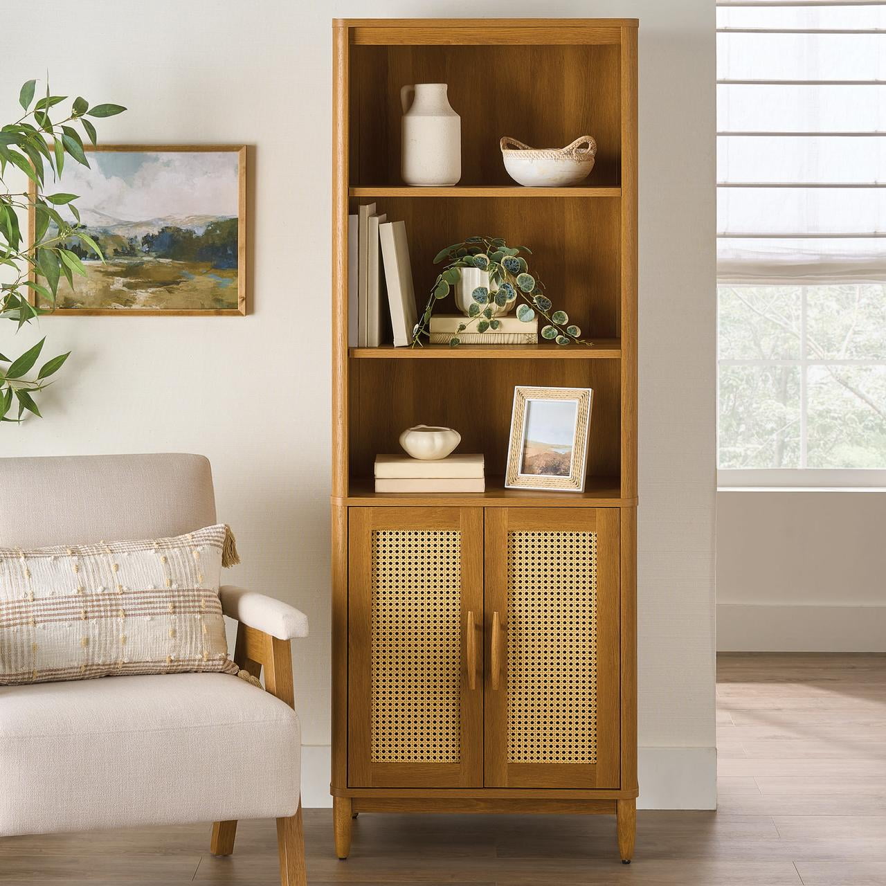 Bookcase with Doors Light Honey Finish，26.46’’ L x 15.51’’ W x 71.97’’ H - As pic - Bookshelf Westberry Furniture