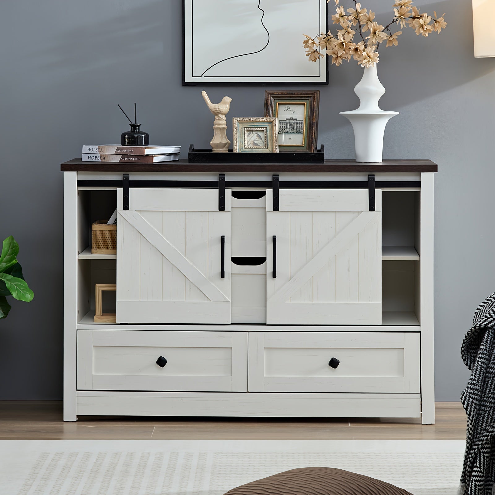 Bedroom Dresser Rustic Dresser With Barn Doors Closet Storage With 4 Drawers Farmhouse Style Dresser With SlidingBarn