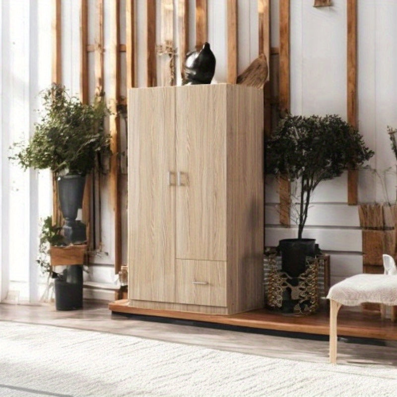 Double-Door Wardrobe with Hanging Rod 5 Fixed Shelves And 1 Storage Drawer for Ample Storage in Natural Finish