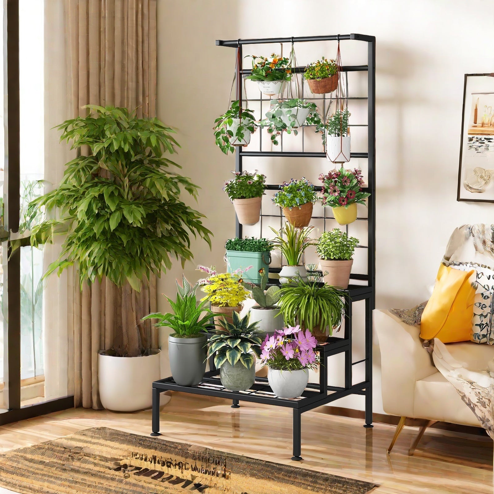 Plant Stand 3-Tier Hanging Shelves Flower Pot Organizer Multiple Flower Display Holder Indoor Outdoor Heavy Duty Potted Planter Rack Unit with Grid Panel, size 23.62 x 21.25 x 62.14 inches