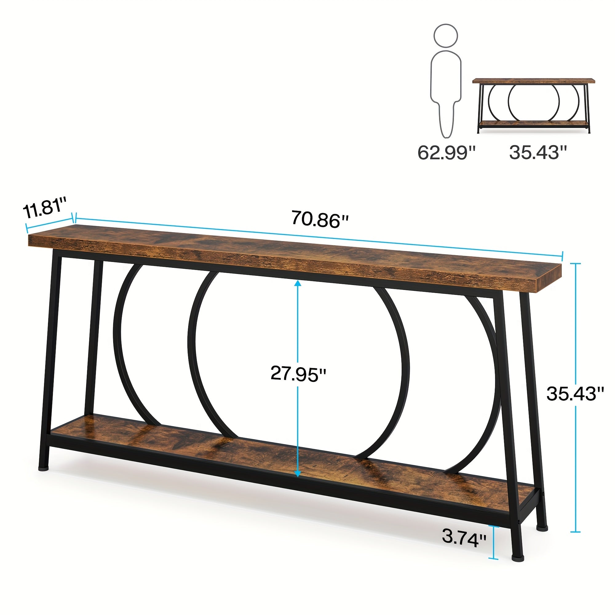 70.9" Industrial Narrow Console Table with Storage Shelf, Rustic Entryway Table, Extra Long Sofa Table for Living Room, Hallway - Black Metal Frame, Wood Top & Shelf, Easy Assembly