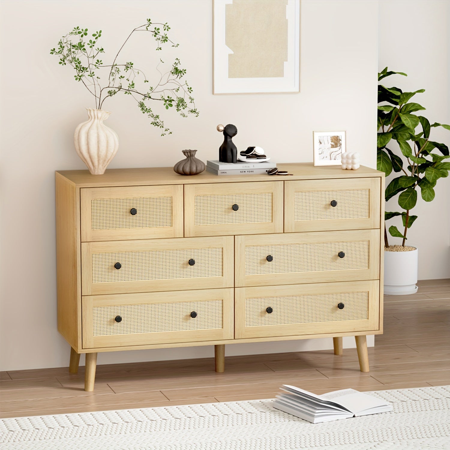 Natural Rattan Dresser For Bedroom Modern Wood 7 Drawer Dresser With Gold Handles - Dresser Westberry Furniture