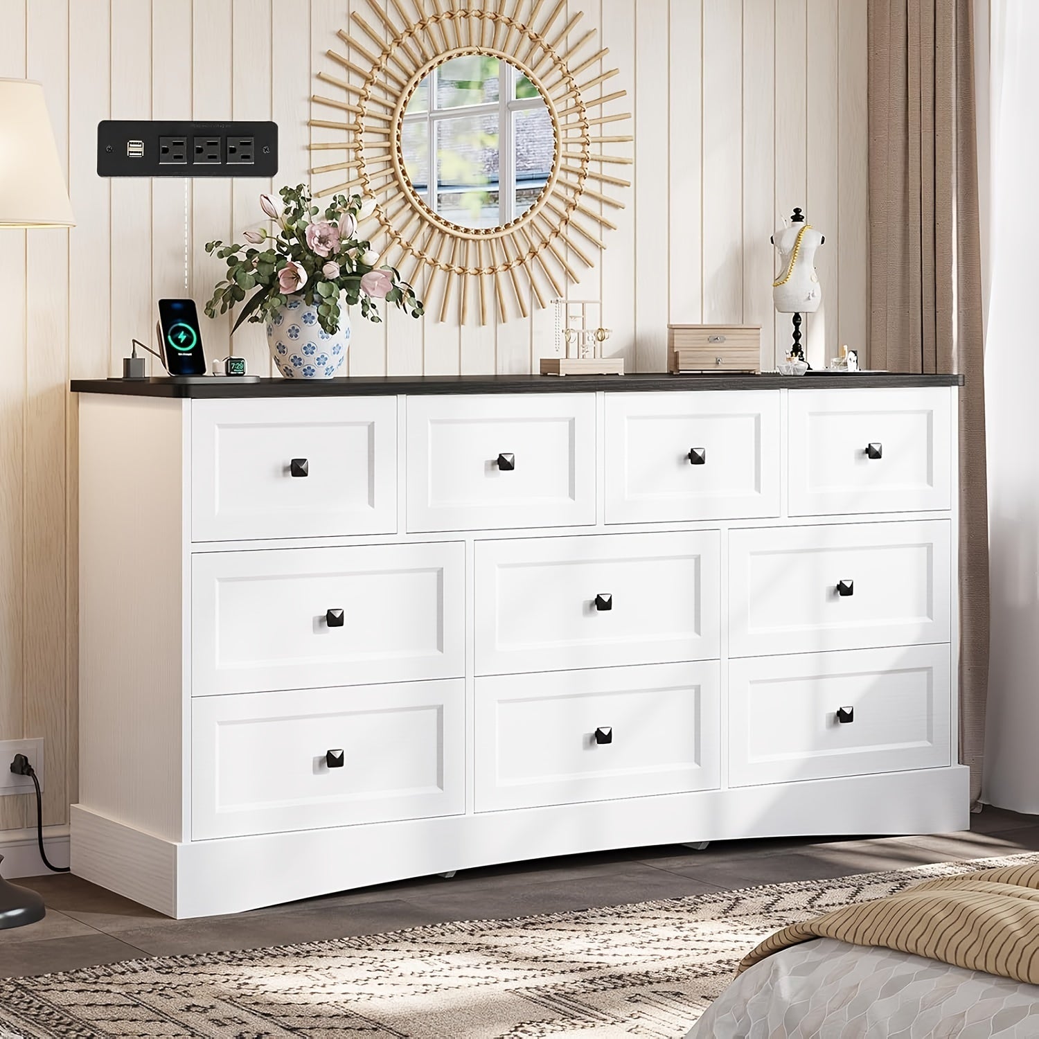 1pcs White/Black Dresser With 10 Drawers For Bedroom Large Dresser/Chest Of Drawers With Charging Station 10 Drawers