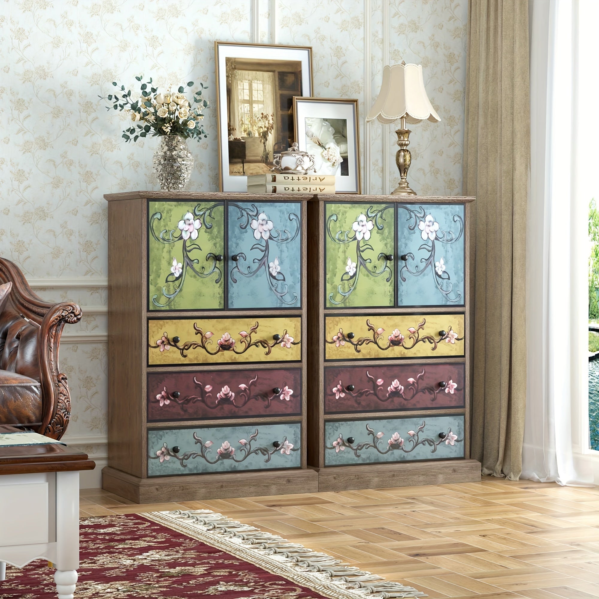 Boho Dresser, Tall Dresser with Drawers and Doors, Wood Dresser Accent Dresser for Living Room Home Office