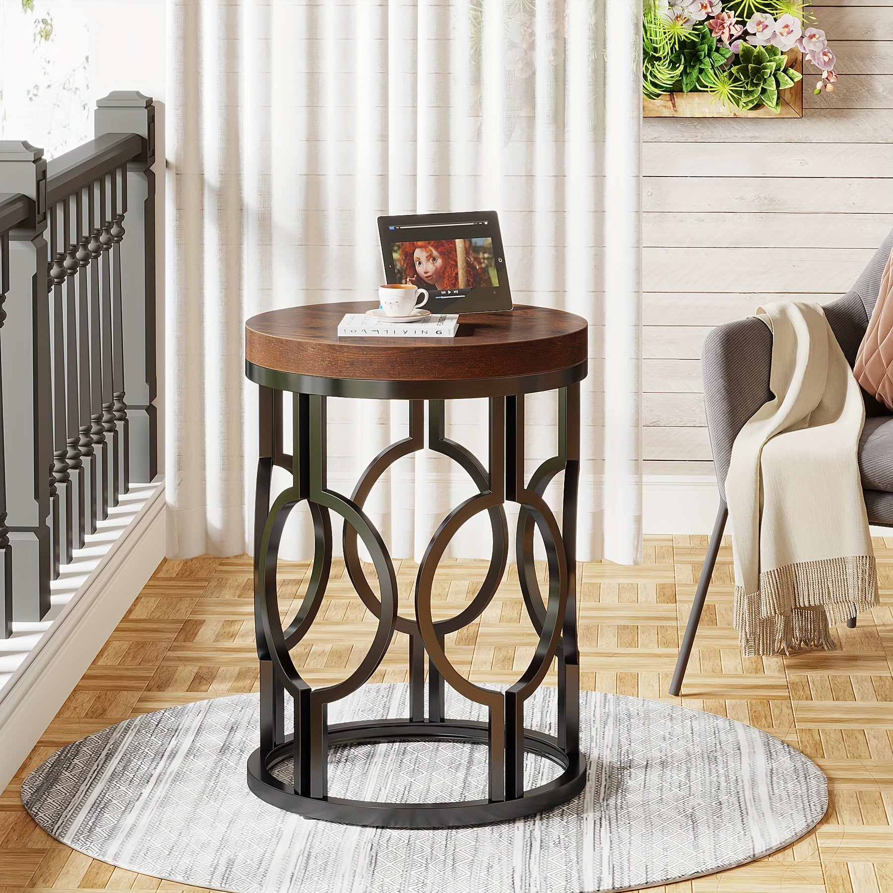 Round End Table Industrial SideTable With Metal Hollow Frame Small Bedside Table Nightstand For Living Room Bedroom